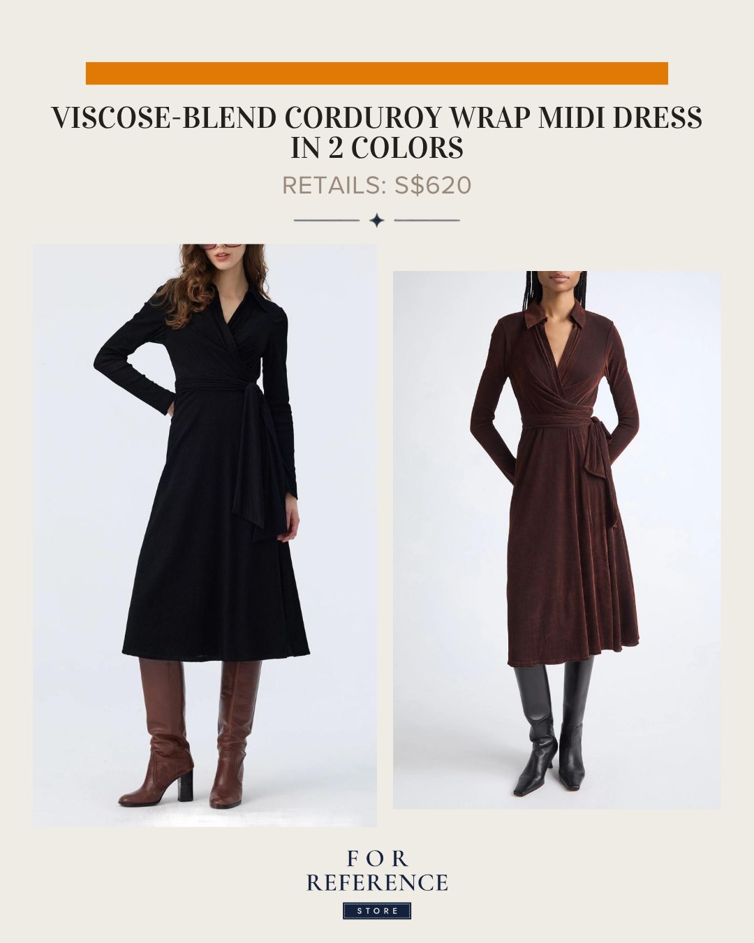 Viscose blend corduroy wrap midi dress in 2 colors