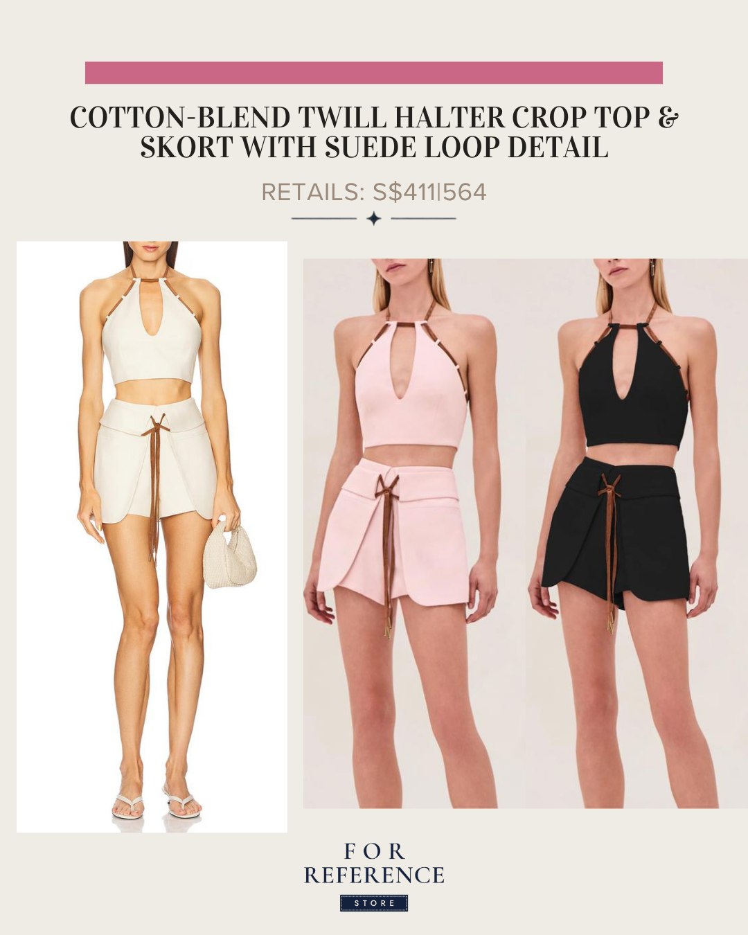 Cotton blend twill halter crop top and skort with suede loop detail