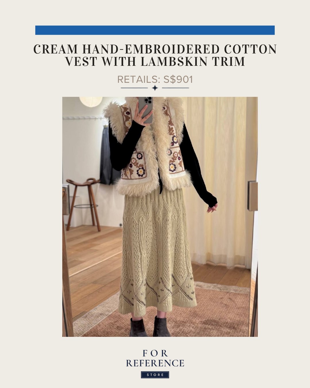Cream hand embroidered cotton vest with lambskin trim