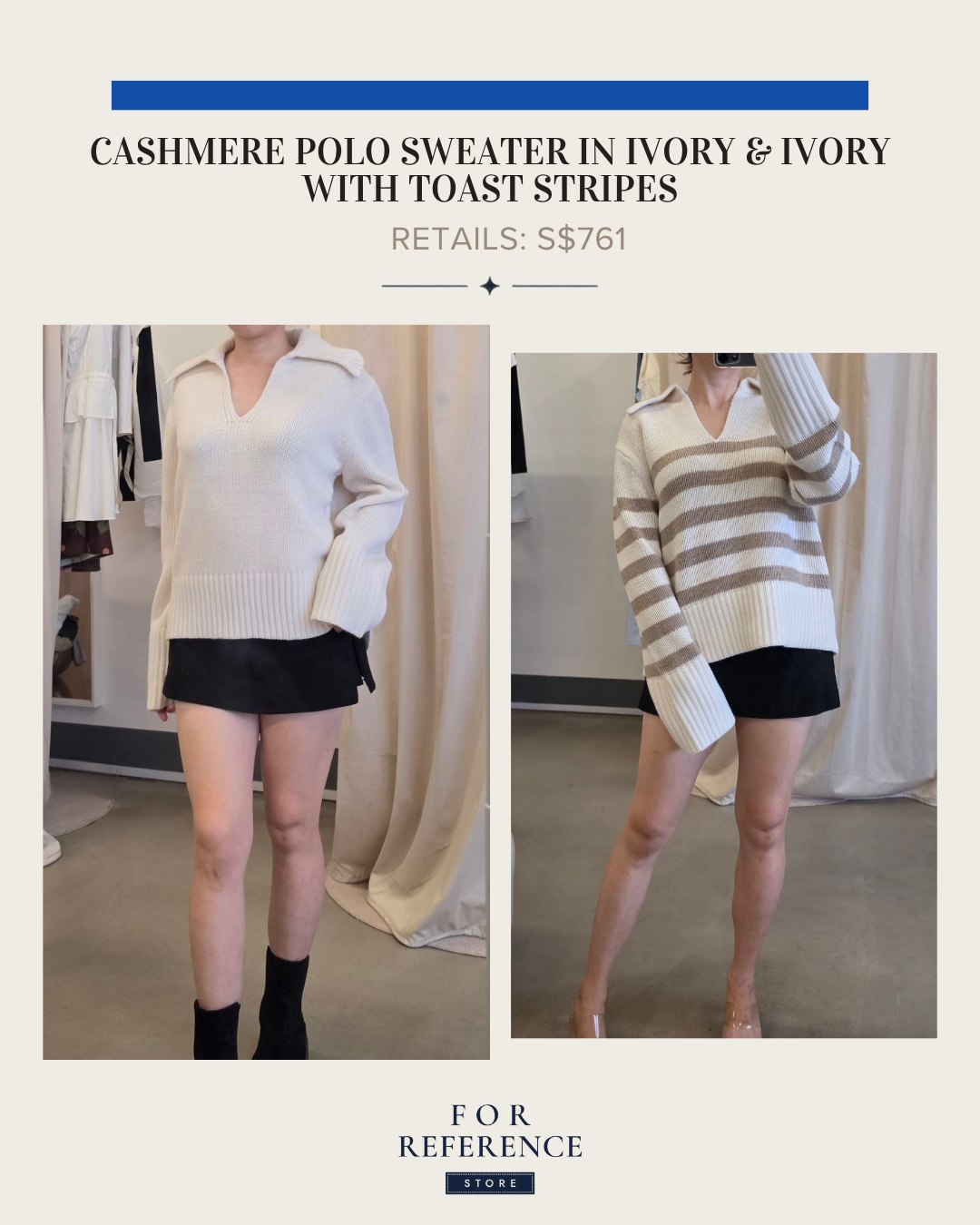 Cashmere polo sweater in ivory and ivory with toast stripes