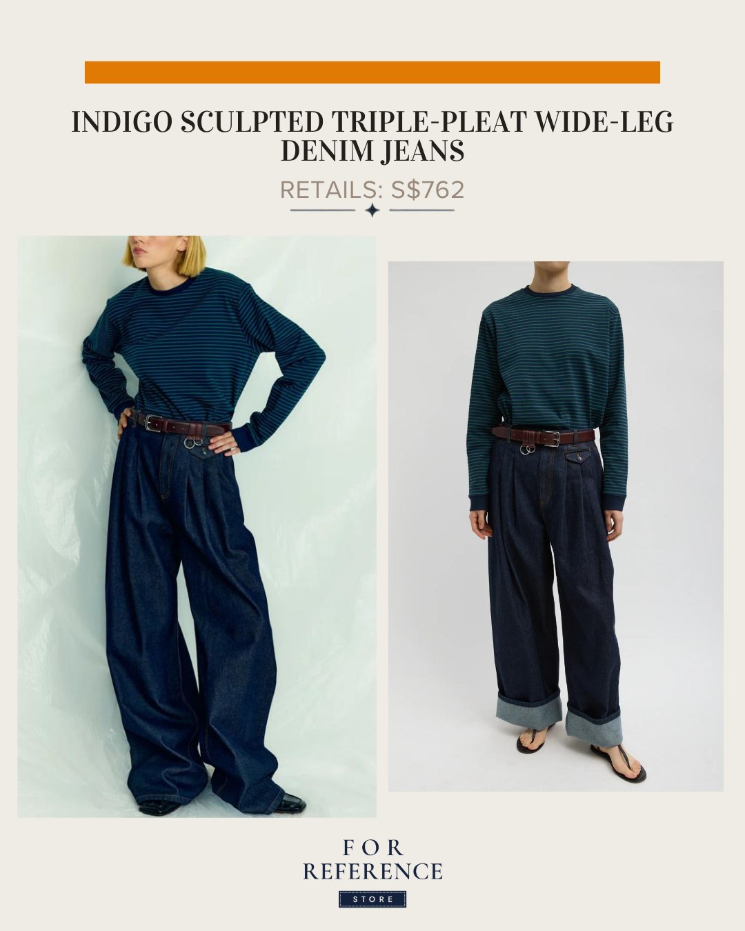 Indigo sculpted triple pleat wide leg denim jeans (short and regular)