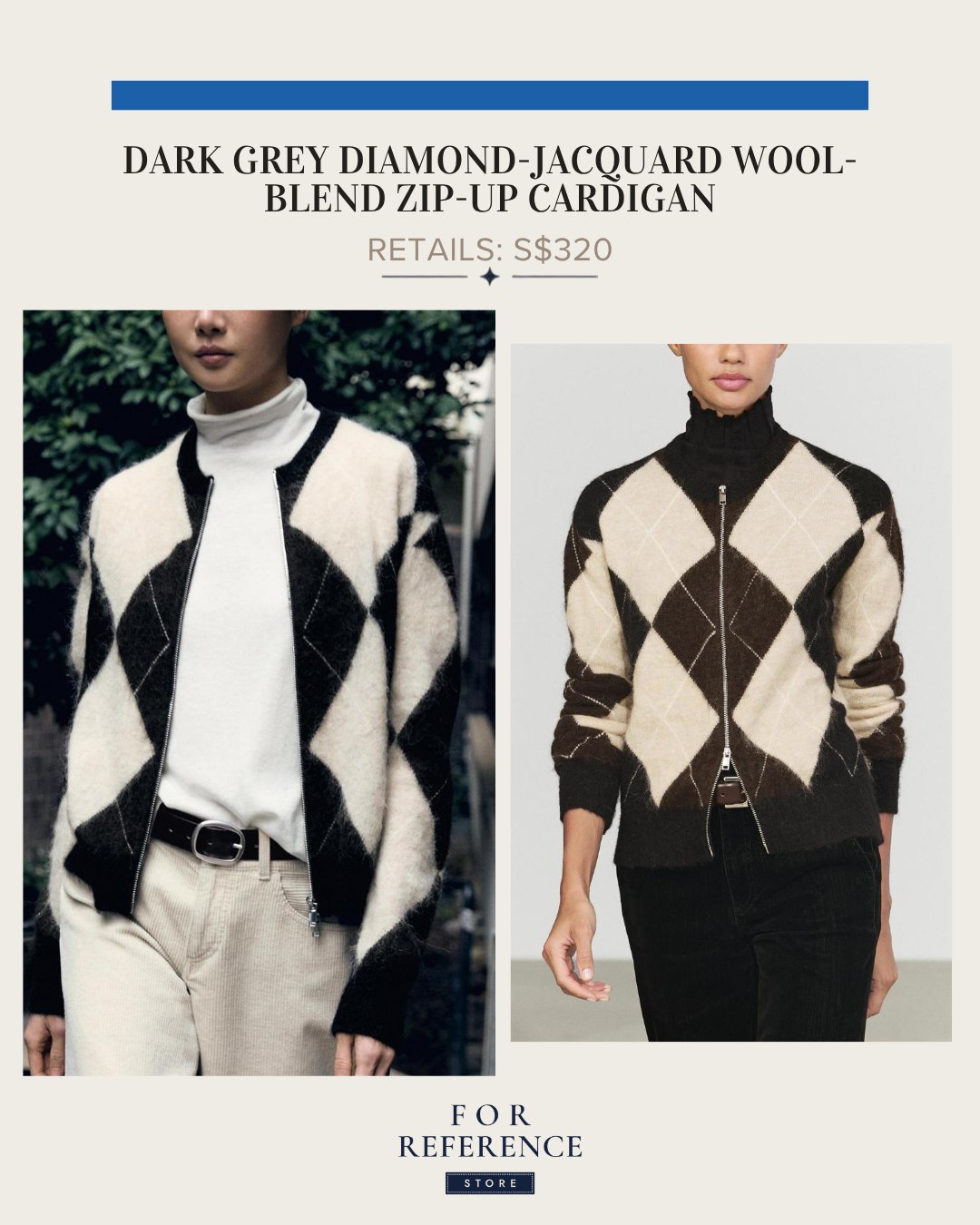 Dark grey diamond jacquard wool blend zip up cardigan