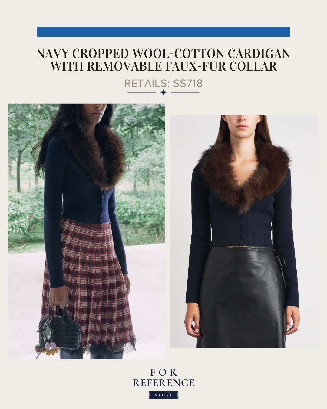 Navy Cropped wool cotton cardigan with removable faux fur collar