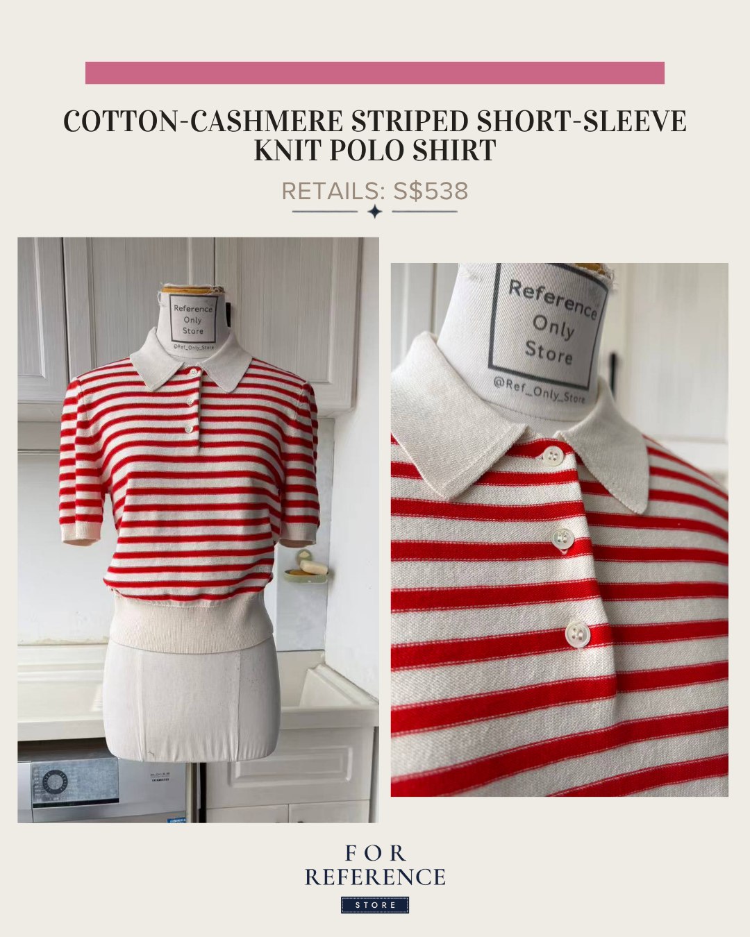 Cotton cashmere red and white striped short sleeve knit polo shirt