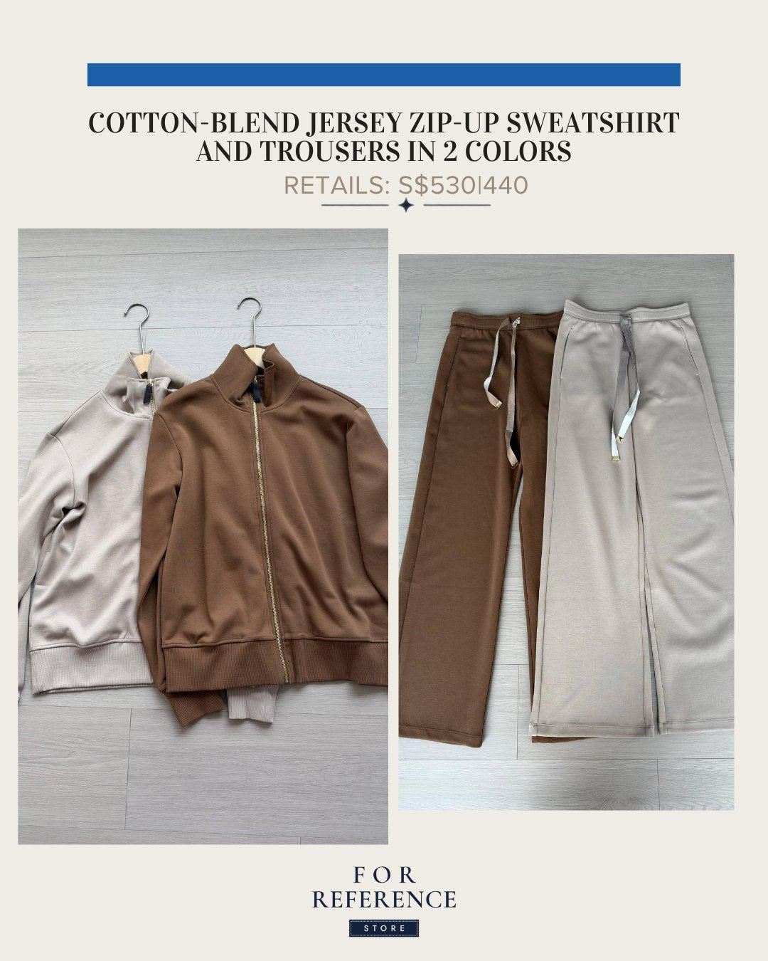 Cotton blend jersey zip up sweatshirt and trousers in 2 colors