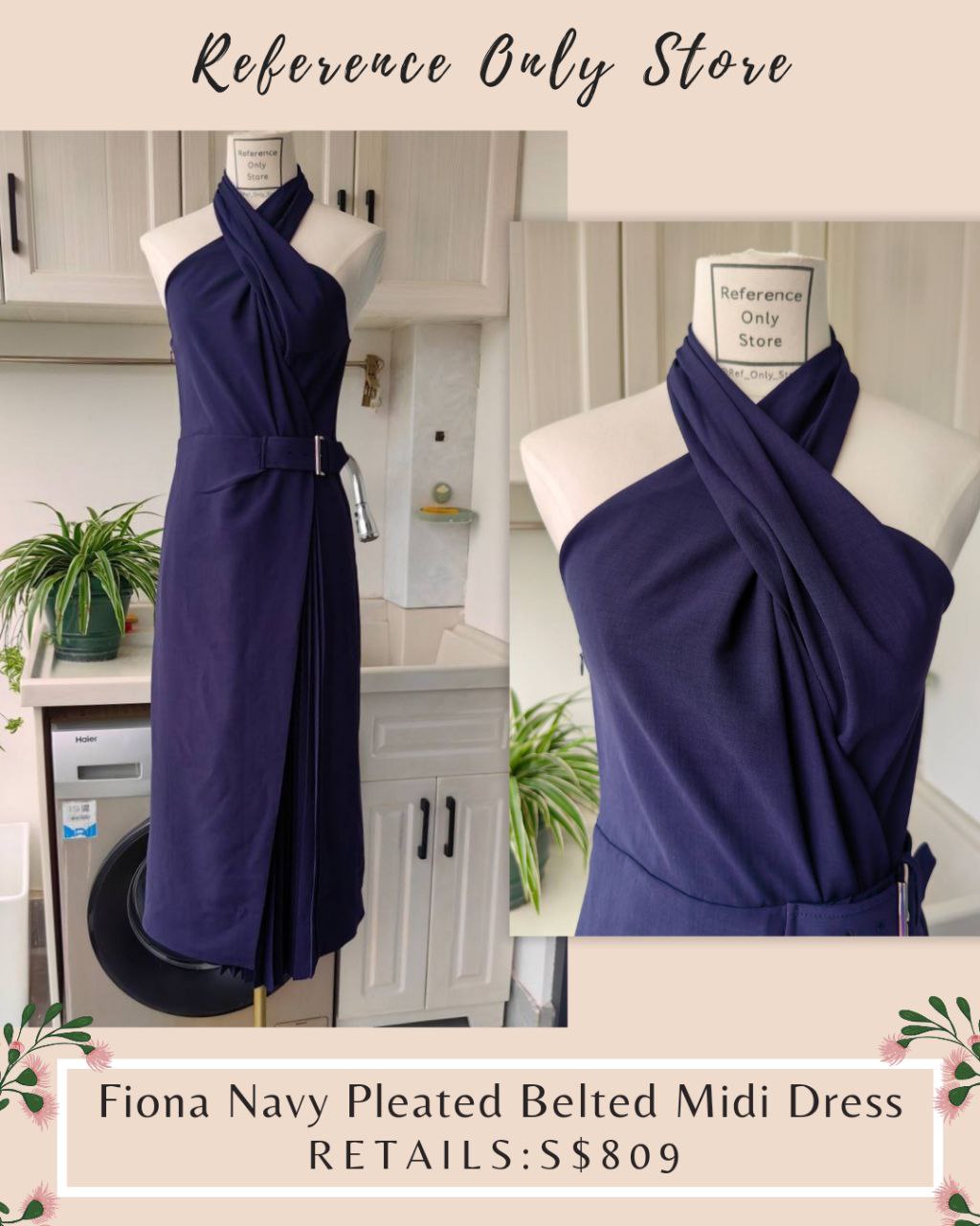 ALC Fiona Navy Pleated Belted Midi Dress