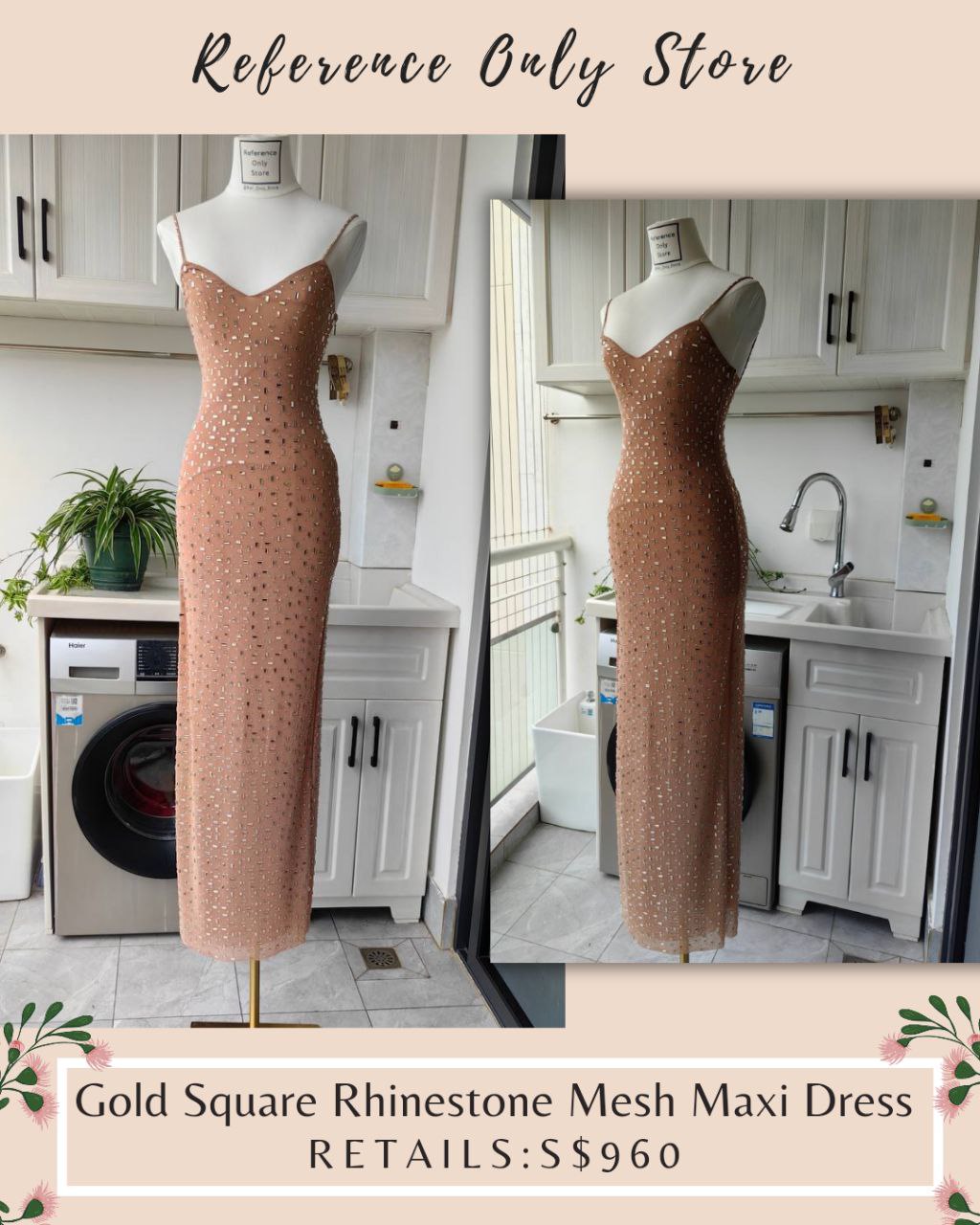 SP Gold Square Mesh Rhinestone Maxi Dress