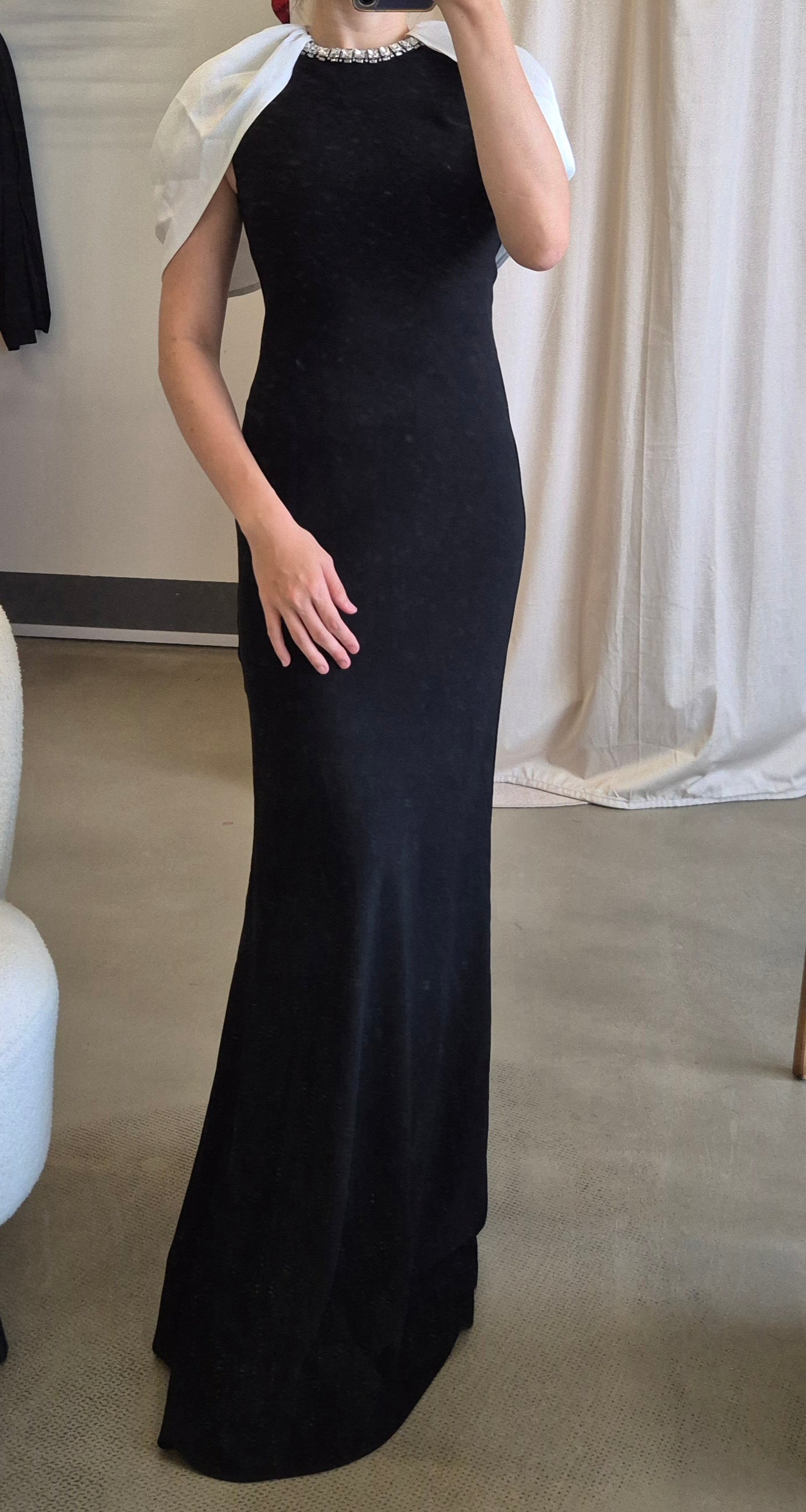 RM Gathered Shawl Crystal trim neckline maxi dress gown