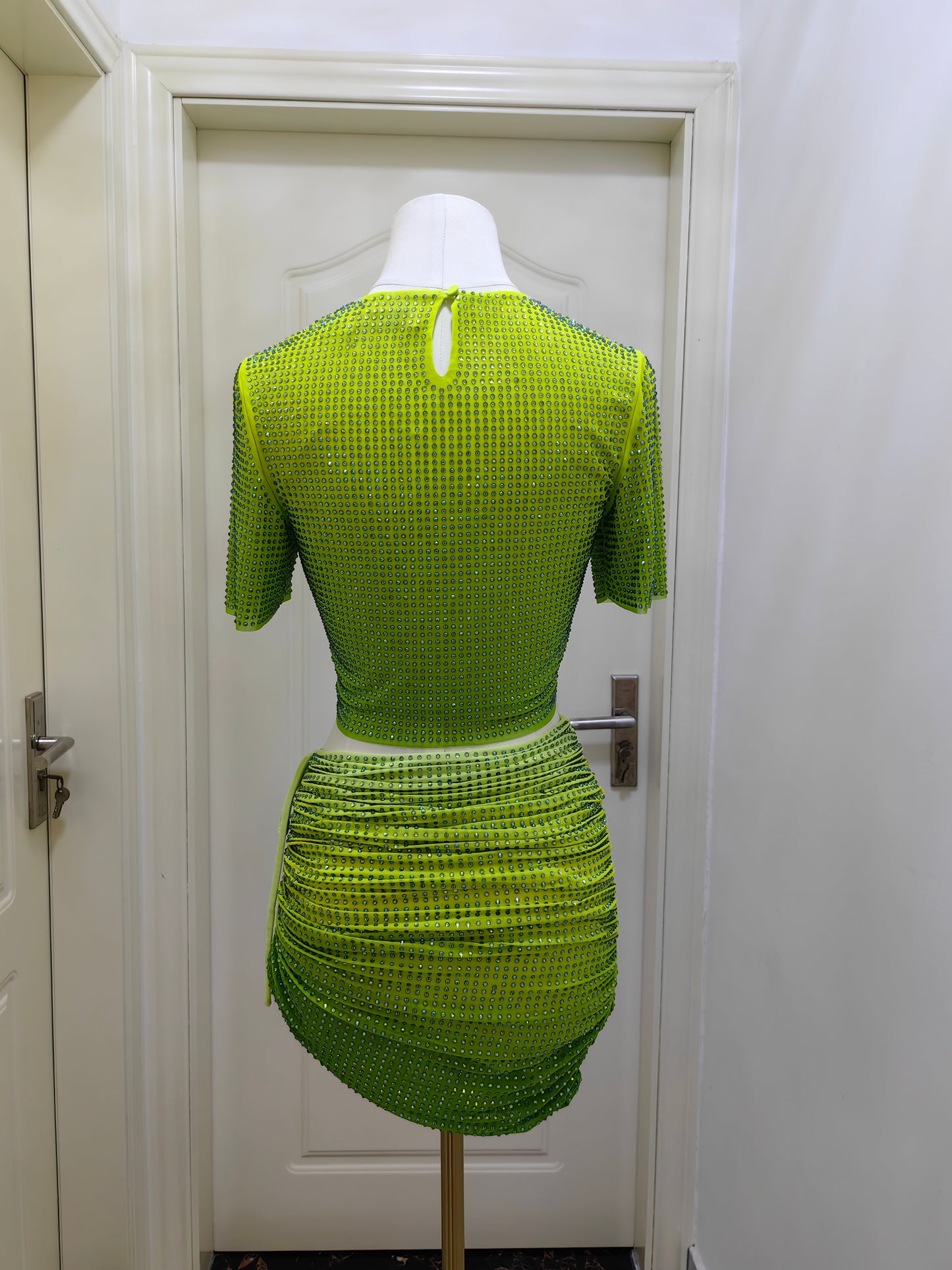 SP green rhinestone mesh cropped top | mini Skirt
