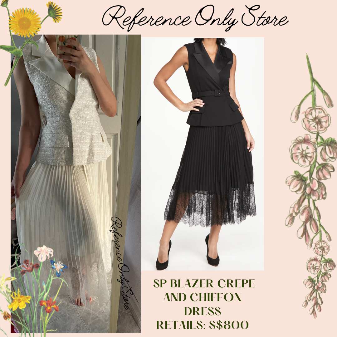 SP Sleeveless Blazer Crepe and Chiffon Midi Pleated Dress in White Ivory