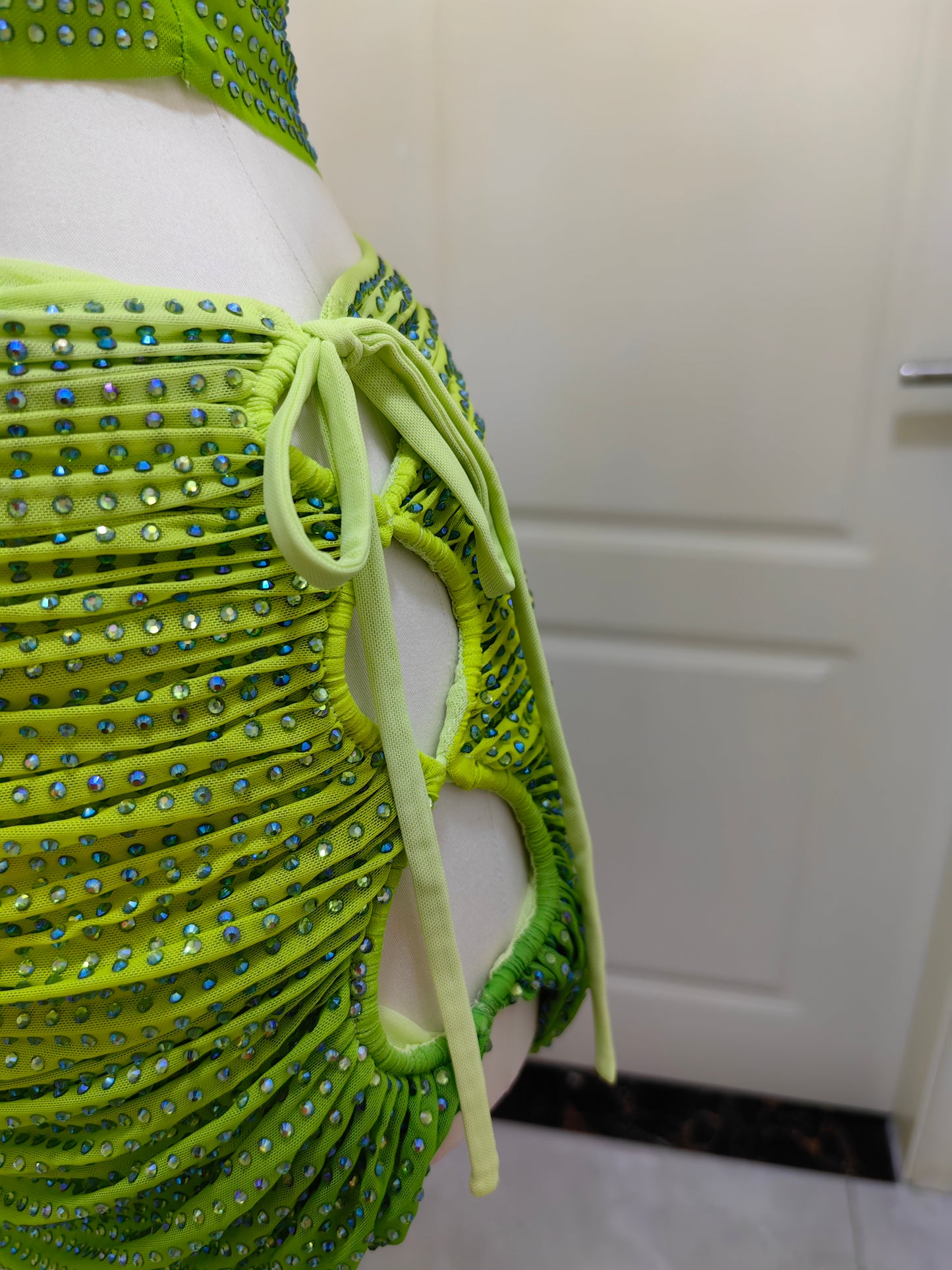 SP green rhinestone mesh cropped top | mini Skirt