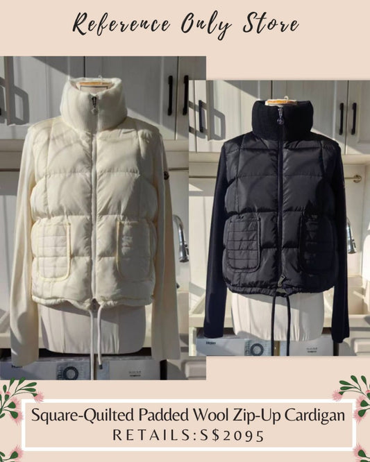 MC square quilted padded wool zip up cardigan