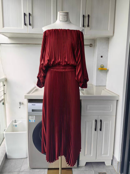 ALC Sienna satin pleated off shoulder midi dress