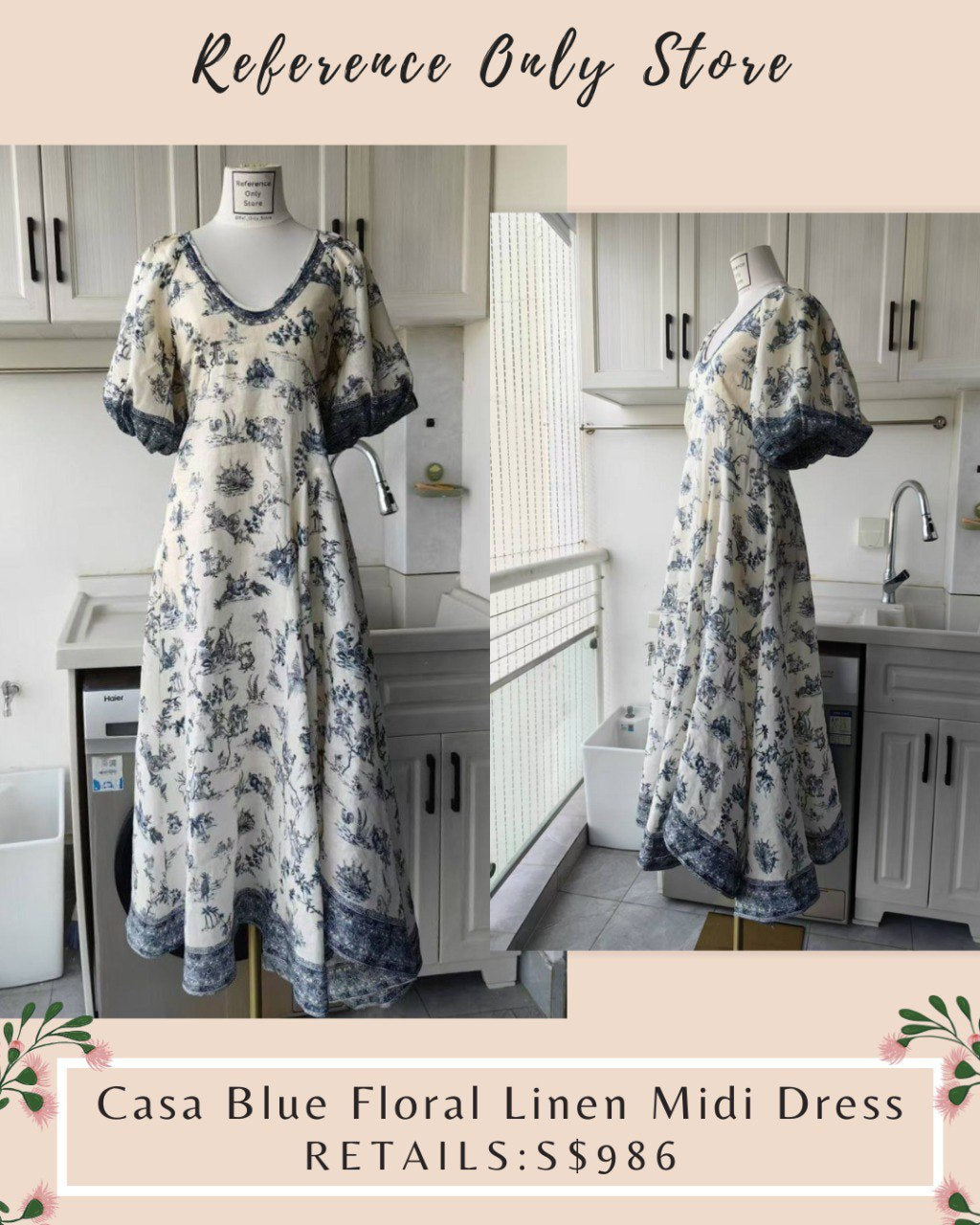 AM Casa Blue Floral linen midi dress