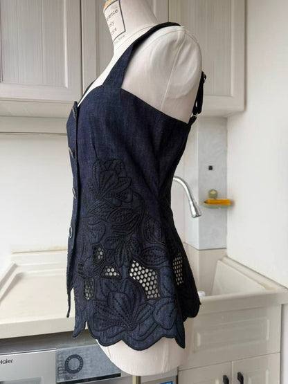 VB Indigo eyelet cotton top, pants and jacket