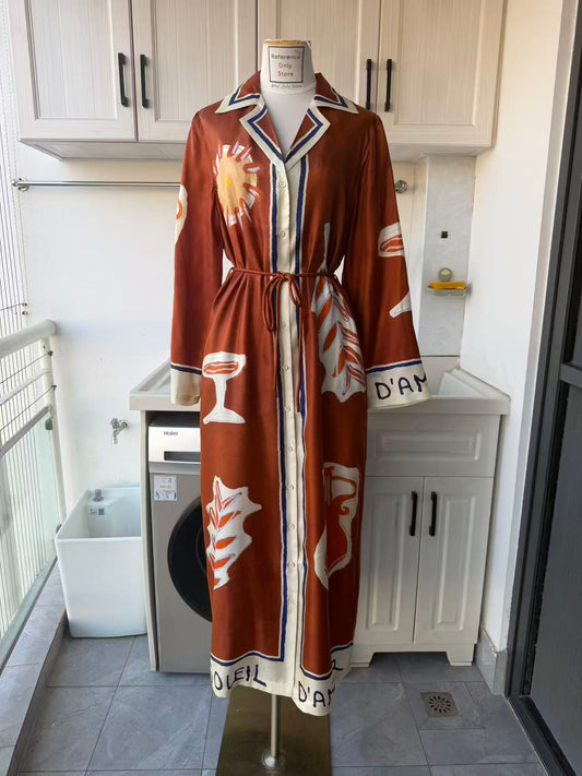 AM Rich Brown Silk printed midi shirt dress