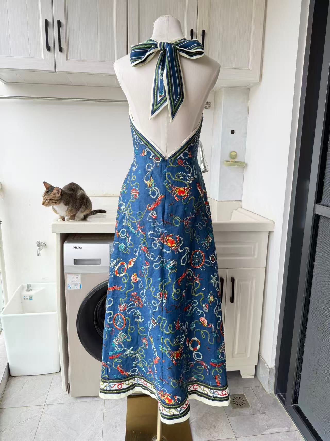 AM Blue ocean artistic print linen halter midi dress