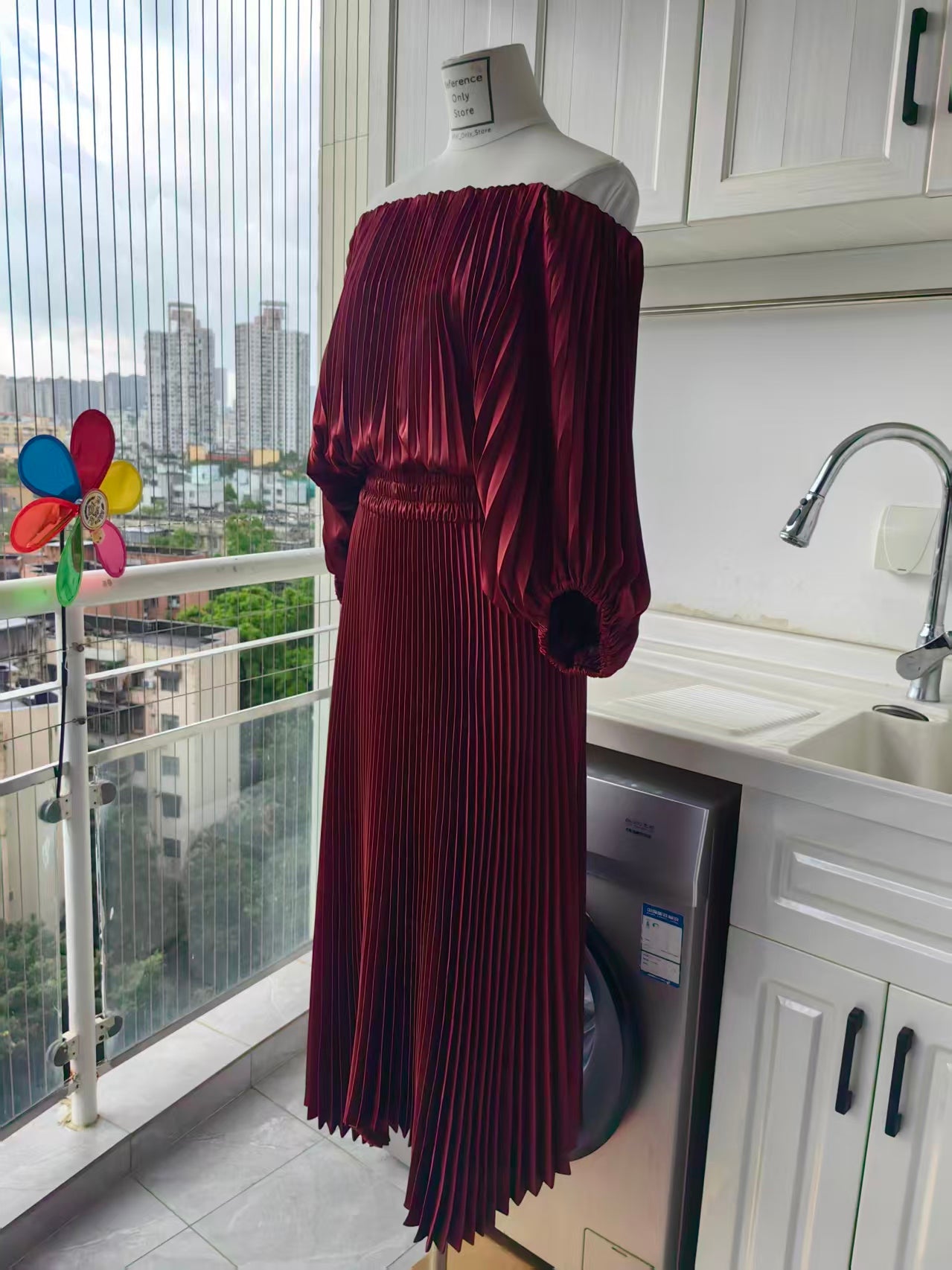 ALC Sienna satin pleated off shoulder midi dress