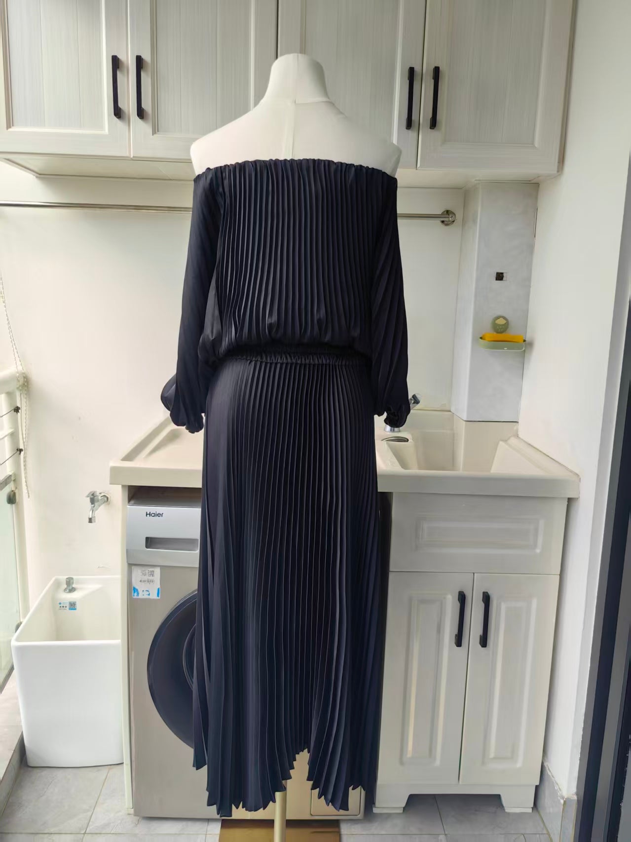 ALC Sienna satin pleated off shoulder midi dress