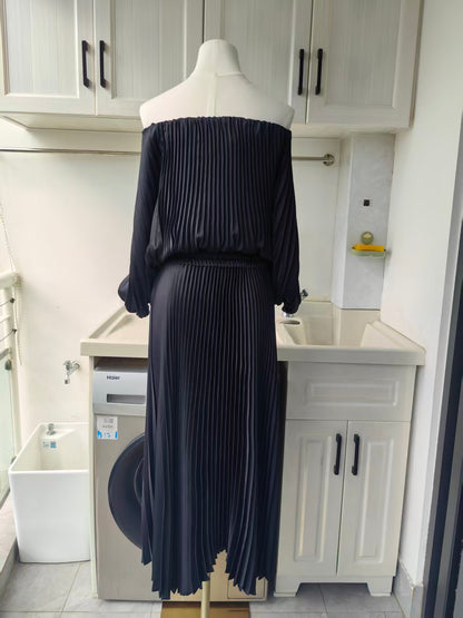 ALC Sienna satin pleated off shoulder midi dress
