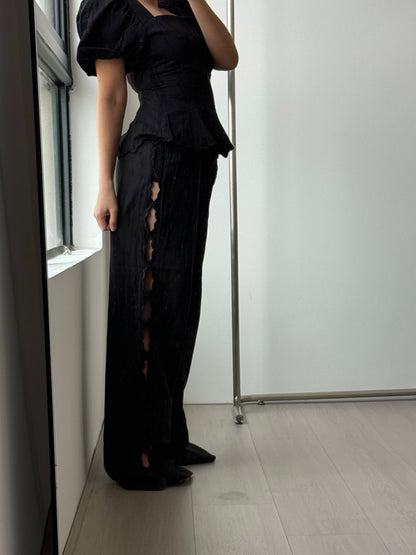 HM scallop side trousers and pattered hem puff sleeve top