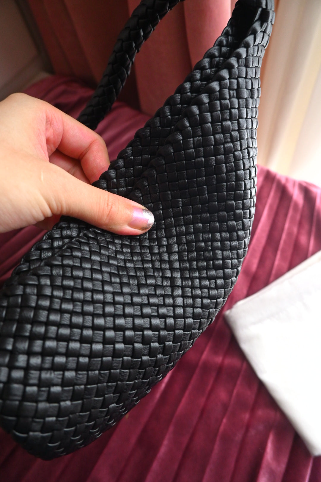 Small woven north south tote bag