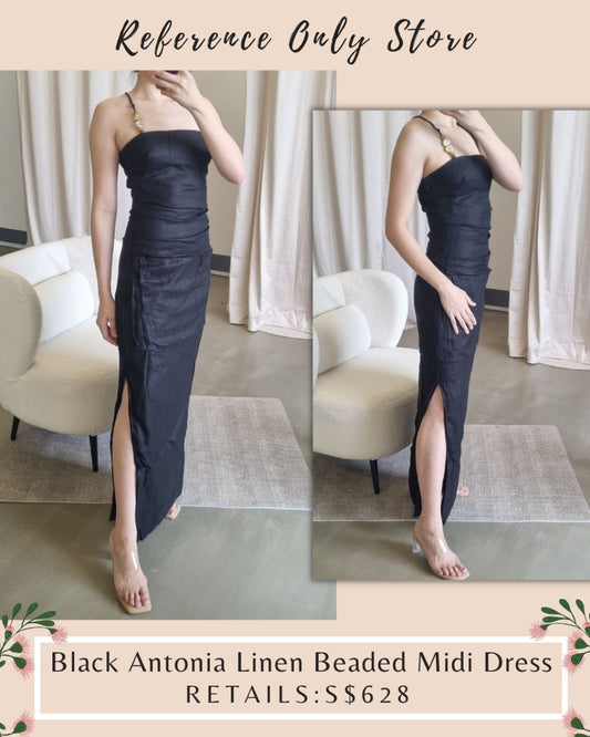 STL Black Antonia Linen Beaded Midi Dress