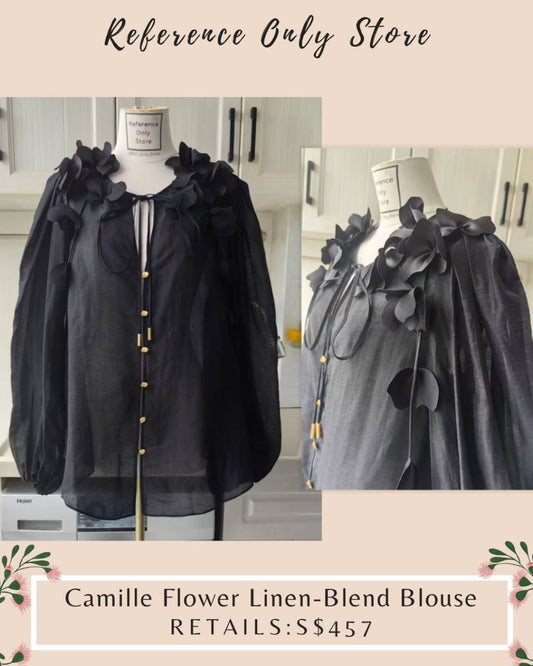 AJ Camille 3D floral linen blend top black