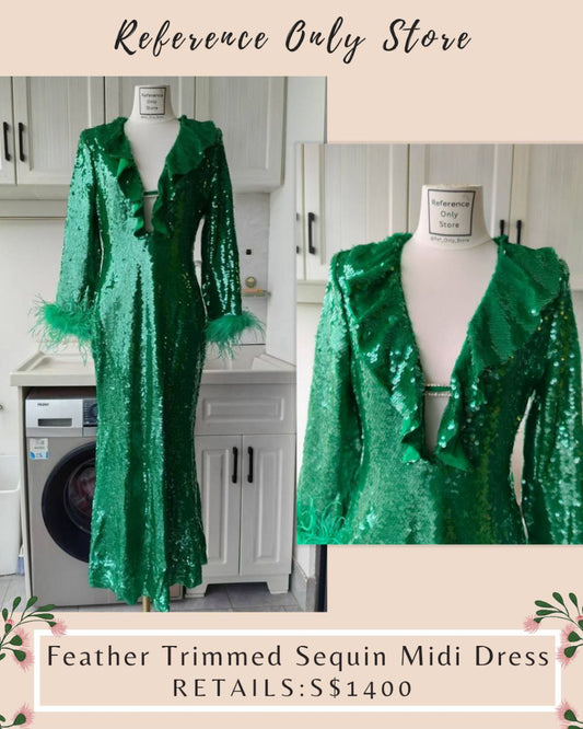 SP green feather trimmed sequin midi dress