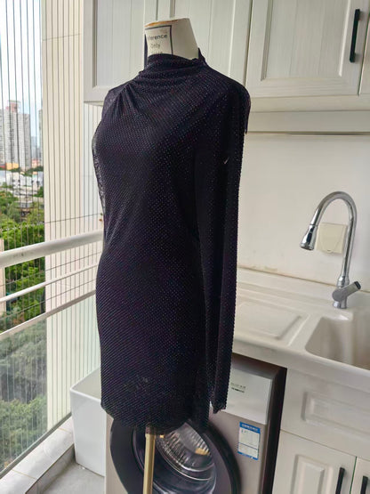 SP black rhinestone mesh cut out lace mini dress