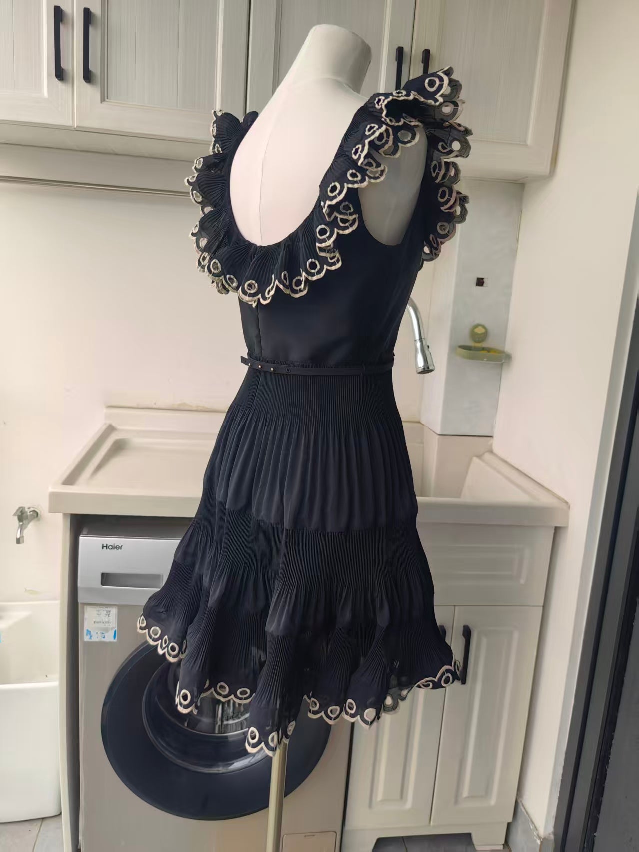 054Zm embroidered frilled mini dress