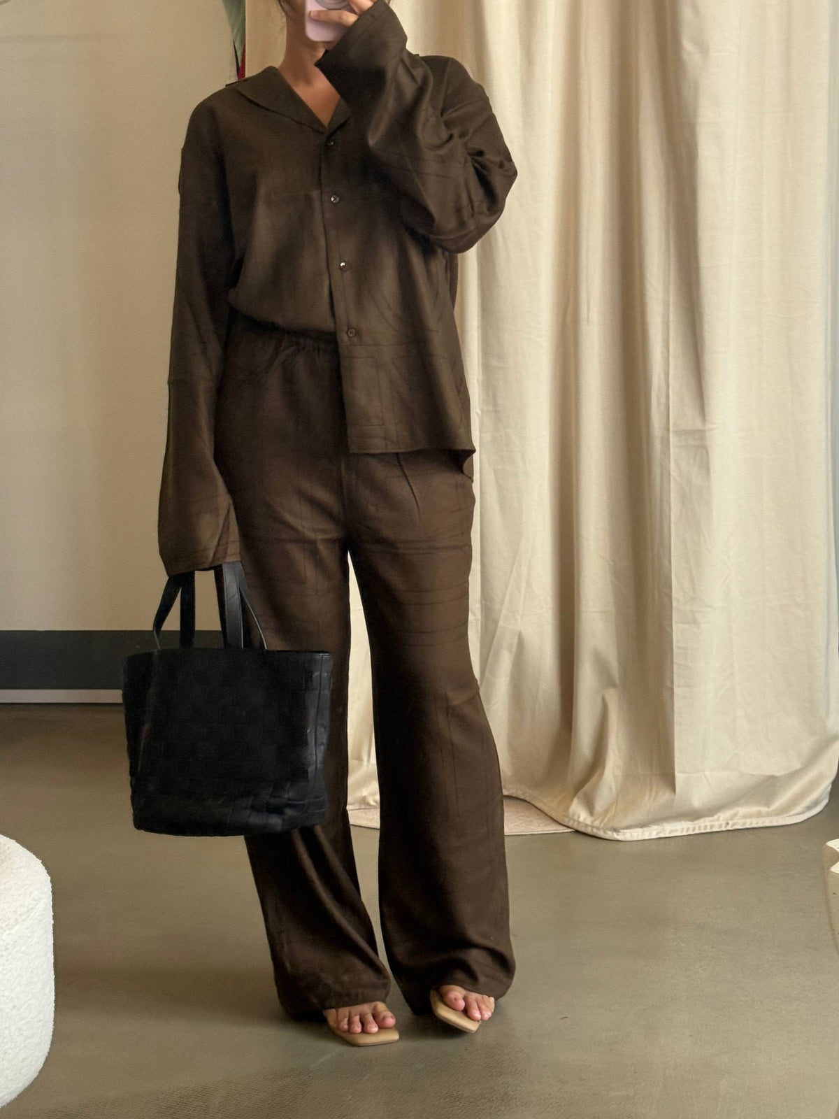 Modal and embroidered details button down lounge shirt and long pants