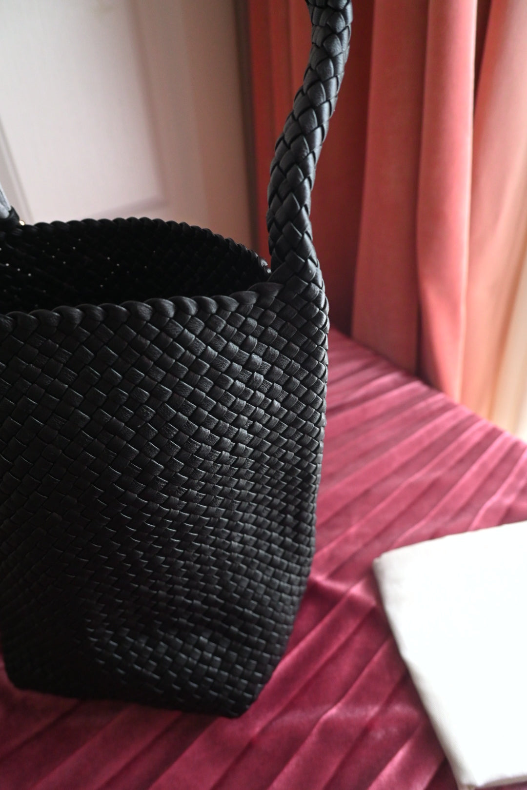 Small woven north south tote bag
