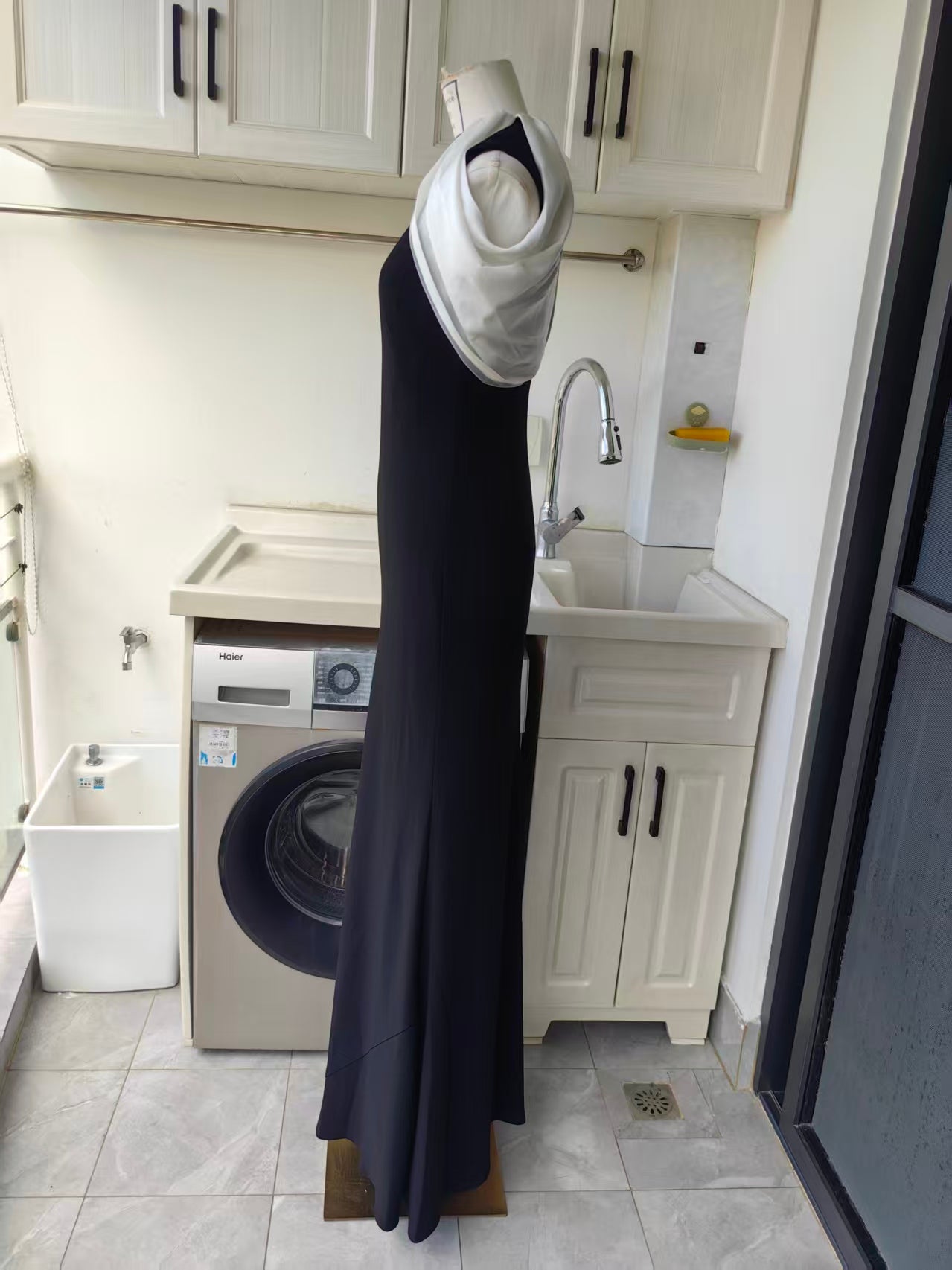 RM Gathered Shawl Crystal trim neckline maxi dress gown