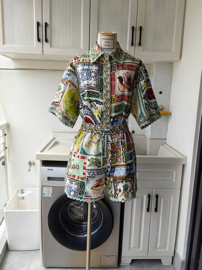 AM Intricate Pattern Print linen shirt & shorts