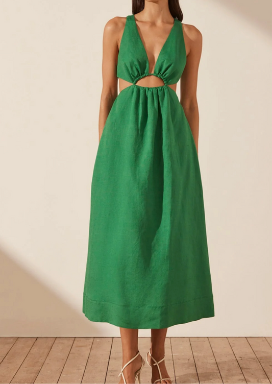 SJ Mare green linen midi cut out dress