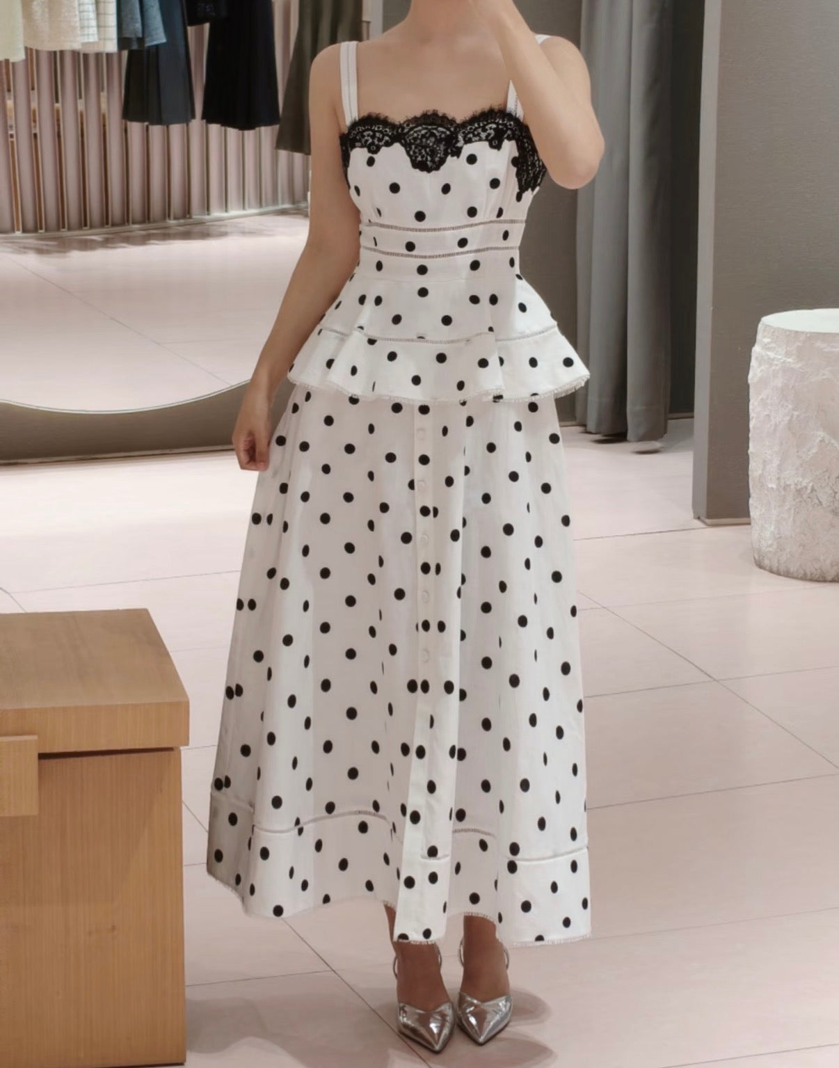 SP white polka dot linen cotton midi dress