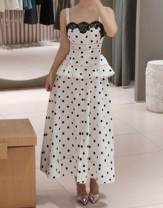 SP white polka dot linen cotton midi dress