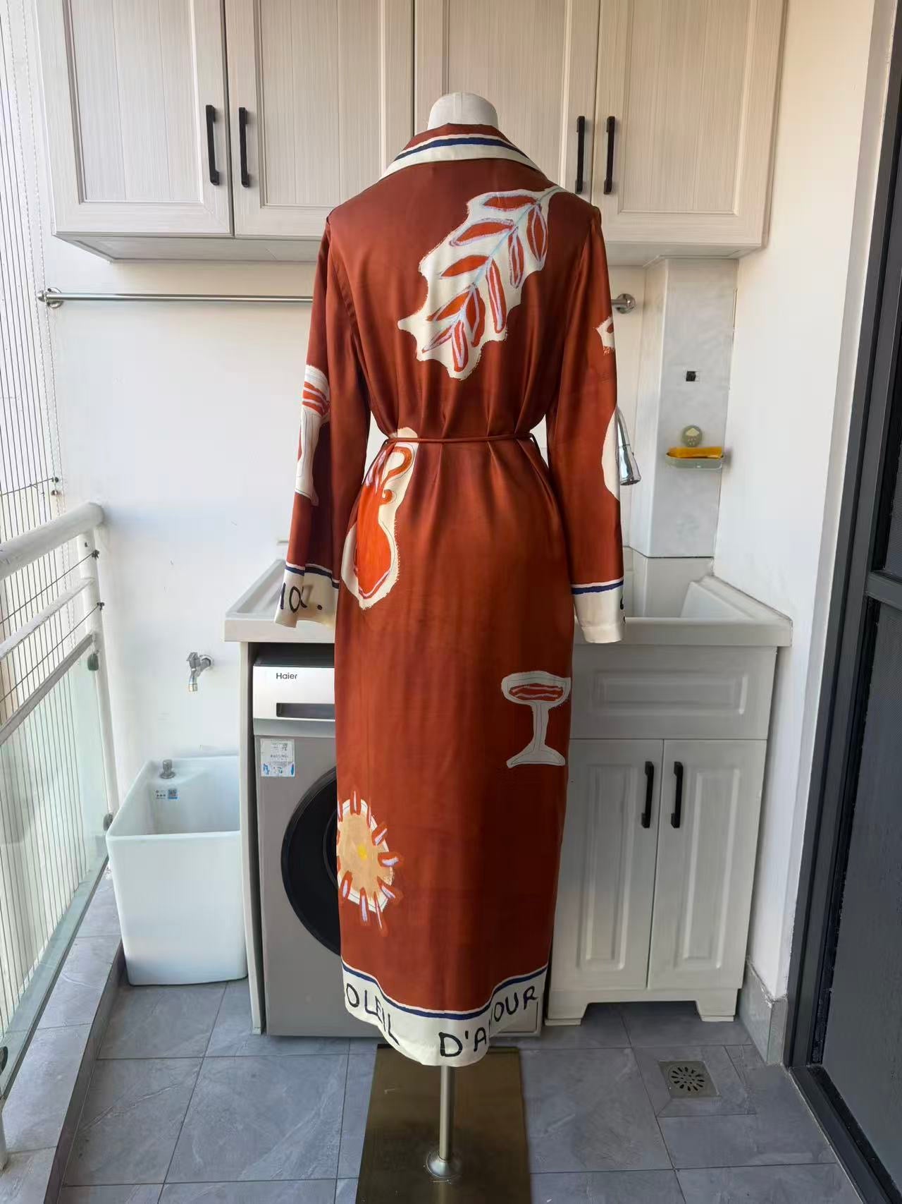 AM Rich Brown Silk printed midi shirt dress