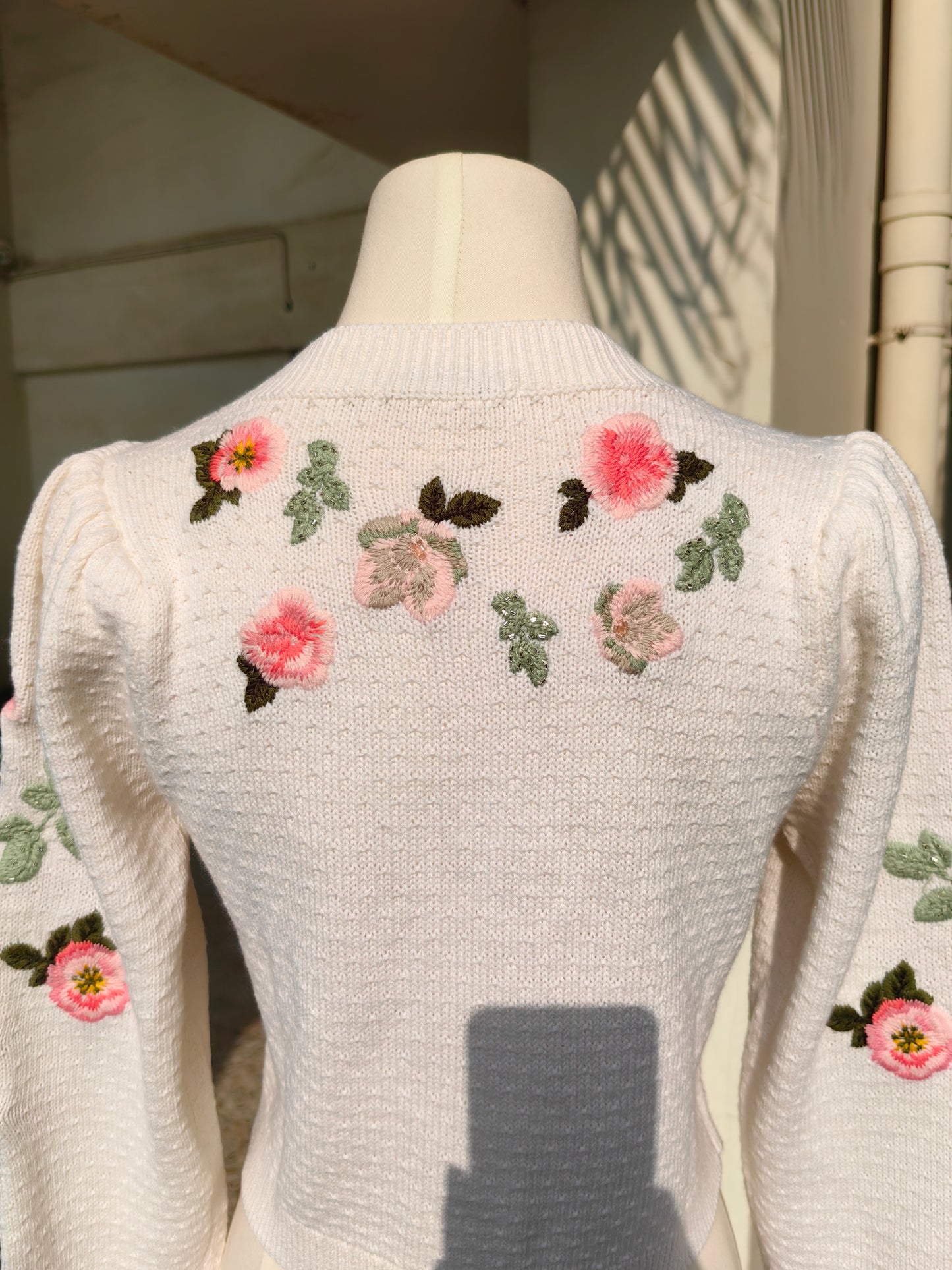 AO Kitty Embroidered Ivory Wool Cotton Cardigan