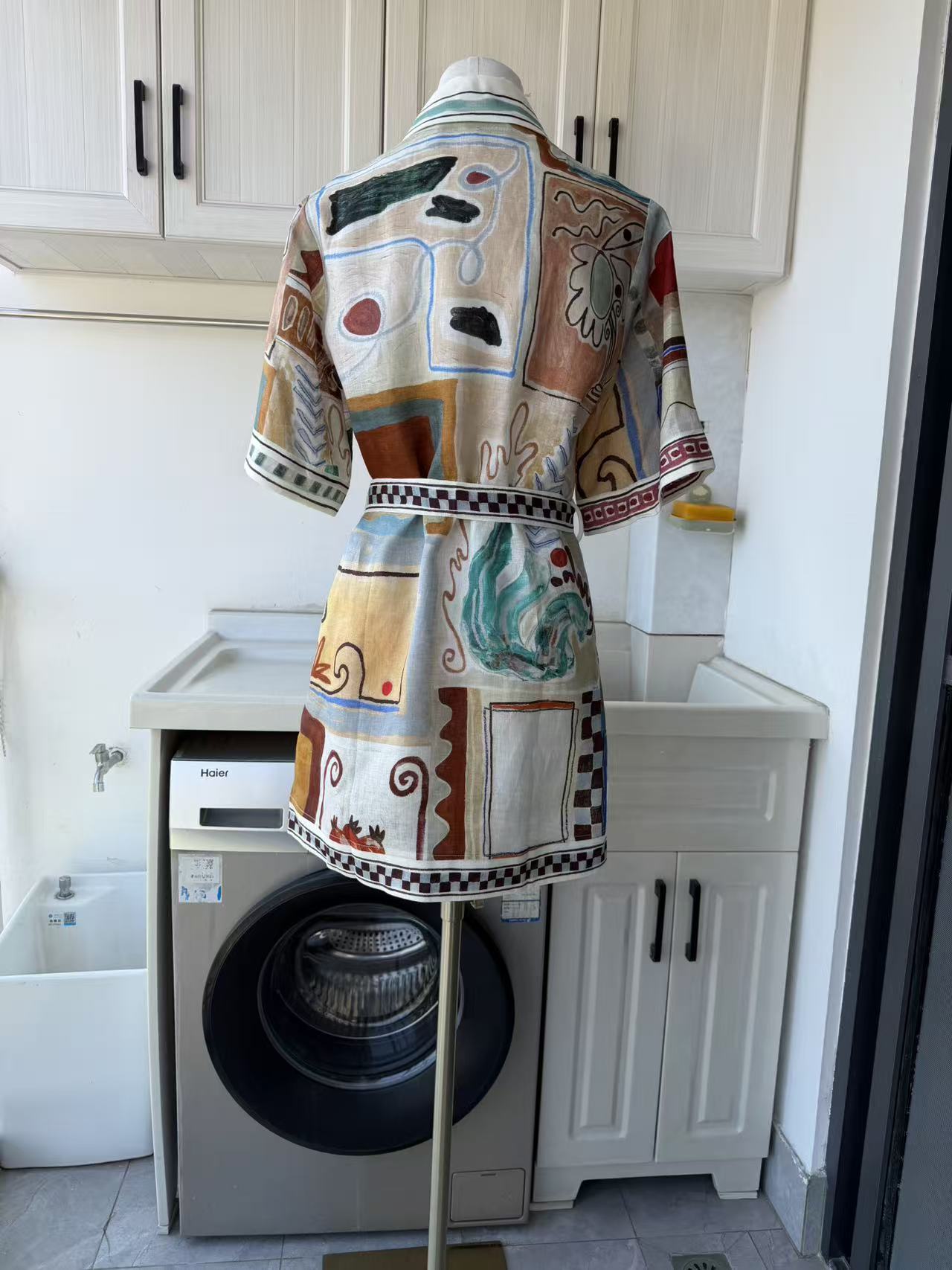 AM Painterly grid linen mini dress