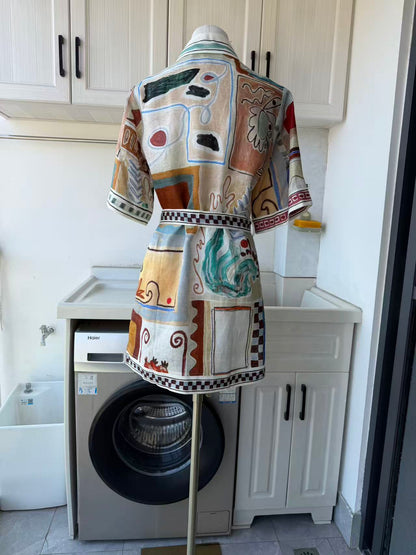 AM Painterly grid linen mini dress