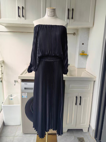 ALC Sienna satin pleated off shoulder midi dress