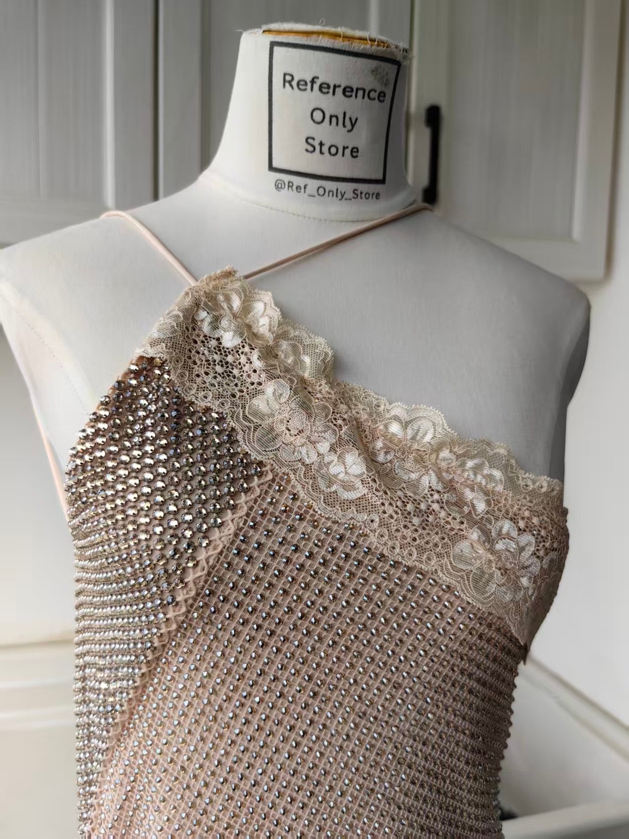 SP champagne rhinestone lace trim maxi dress