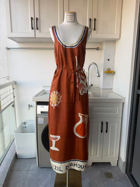 AM Rich brown silk motif midi dress