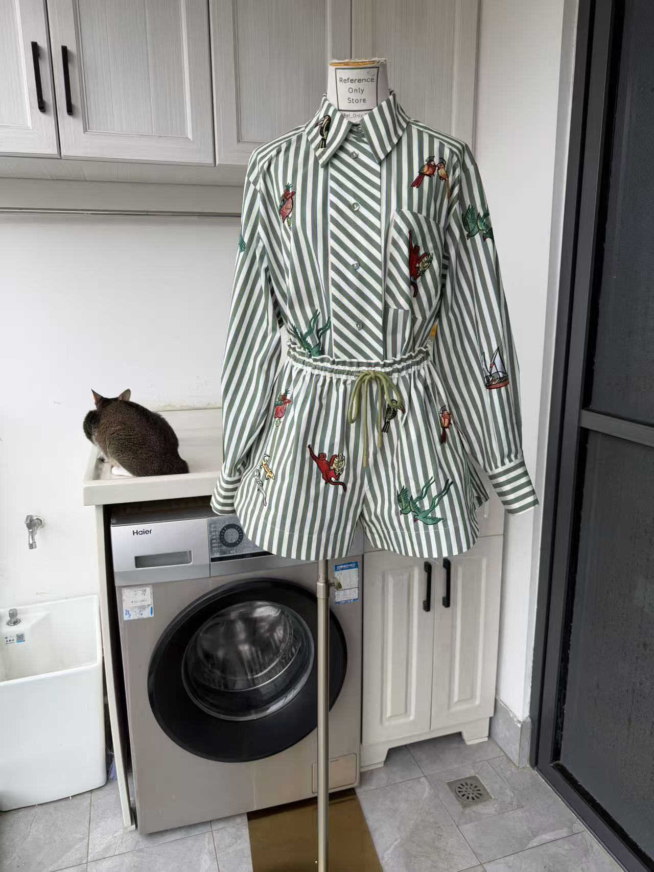 AM Green Stripe Embroidered cotton shirt and shorts set