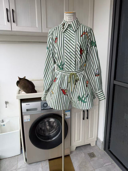 AM Green Stripe Embroidered cotton shirt and shorts set