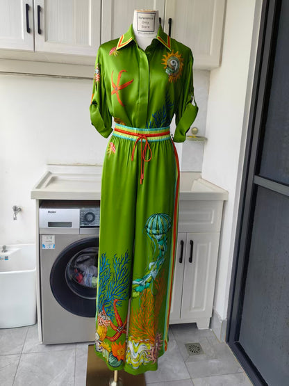 AM Aquatica printed silk shirt and pants