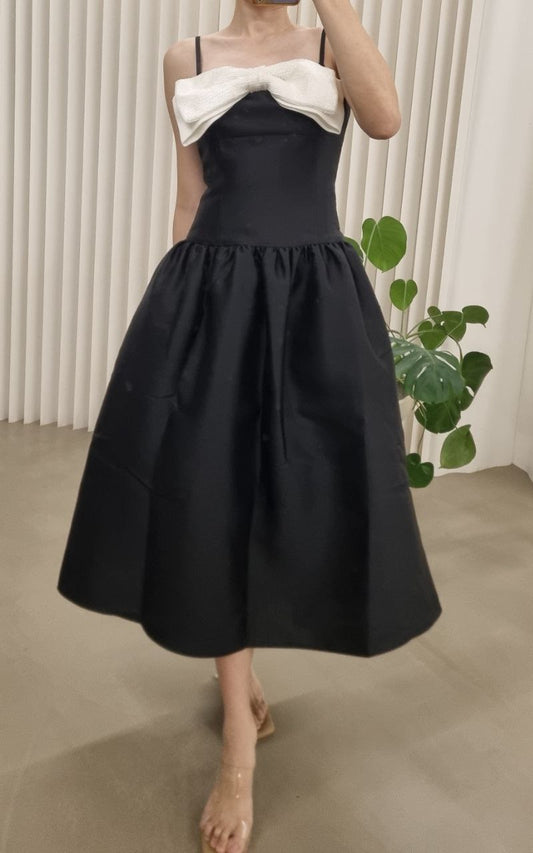 SP Black Taffeta Contrast Bow Midi Dress