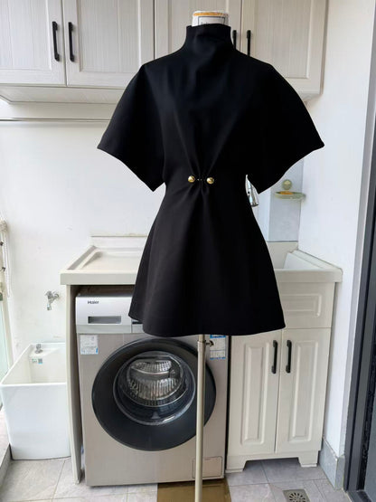 Wide sleeves rayon blend mini dress with metal brooch gathered waist